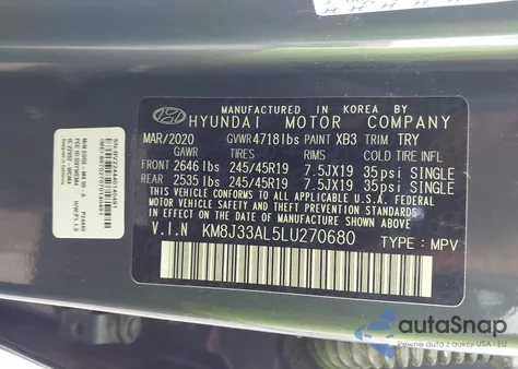 2020 Hyundai Tucson Sport из США, поврежденный, VIN KM8J33AL5LU270680